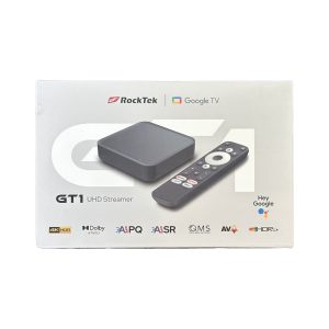 קופסת אריזה של סטרימר RockTek GT1 4K UHD ושלט רחוק חכם עם מערכת Google TV, זמין לרכישה באתר גלעדי פון דיגיטל