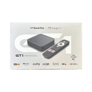 קופסת אריזה של סטרימר RockTek GT1 4K UHD ושלט רחוק חכם עם מערכת Google TV, זמין לרכישה באתר גלעדי פון דיגיטל