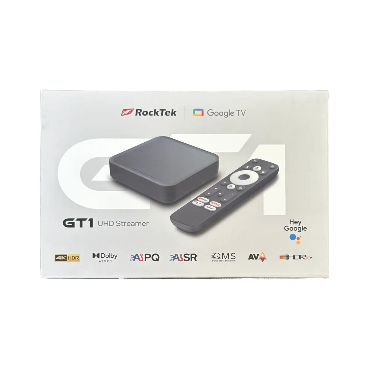סטרימר RockTek GT1 4K UHD Google TV 1 קופסת אריזה של סטרימר RockTek GT1 4K UHD ושלט רחוק חכם עם מערכת Google TV, זמין לרכישה באתר גלעדי פון דיגיטל