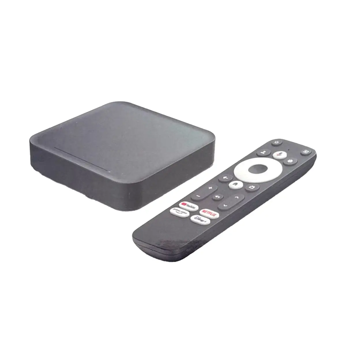 סטרימר RockTek GT1 4K UHD שחור ולצידו שלט רחוק חכם עם כפתורי נטפליקס ויוטיוב, זמין בגלעדי פון דיגיטל