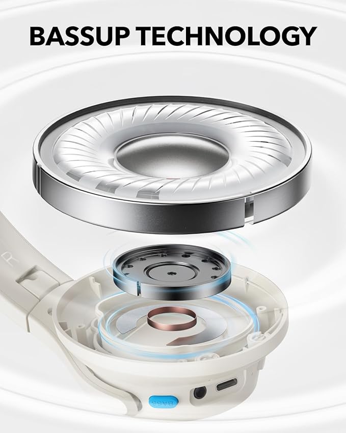 טכנולוגיית BassUp באוזניות Soundcore Q11i תצוגת דרייבר באוזניות Soundcore Q11i לבנות להמחשת טכנולוגיית BassUp