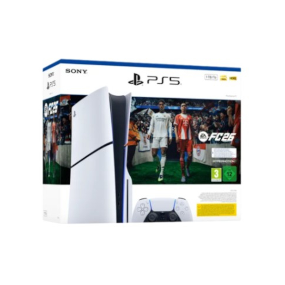 Sony PS5 Slim 1TB Disc FC 26 – מבט צד מבט צד על מארז קונסולת Sony PS5 Slim 1TB מהדורת דיסקים עם EA Sports FC 26