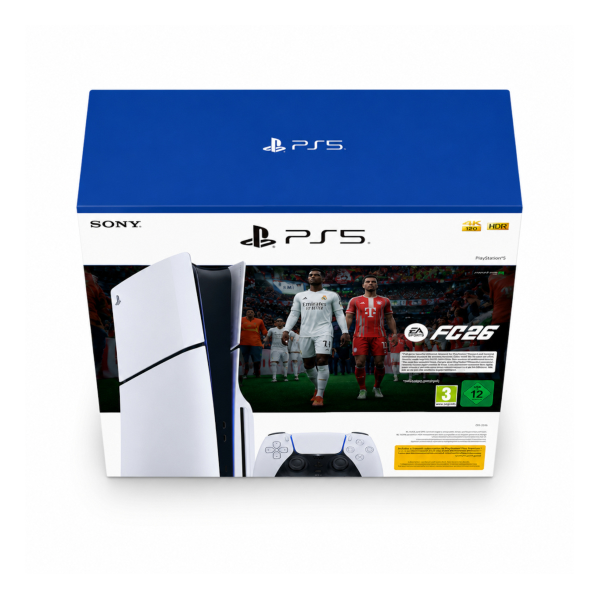 Sony PS5 Slim 1TB Disc FC 26 – מבט מלמעלה מבט מלמעלה על מארז קונסולת Sony PS5 Slim 1TB מהדורת דיסקים עם EA Sports FC 26