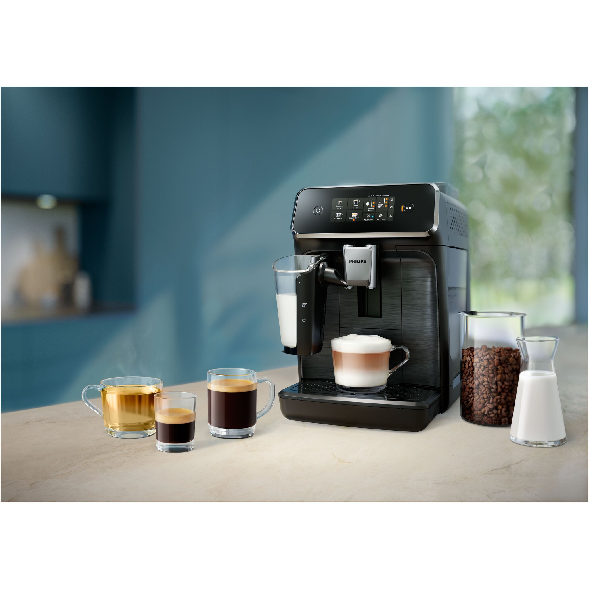 Philips EP2334/10 lifestyle מכונת קפה Philips Series 2300 EP2334/10 במטבח עם משקאות קפה