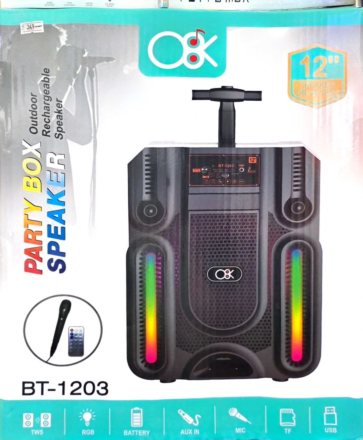 בידורית ניידת OK BT-1203 עם רמקול 12 אינץ׳, RGB ומיקרופון 2 בידורית ניידת OK BT-1203
