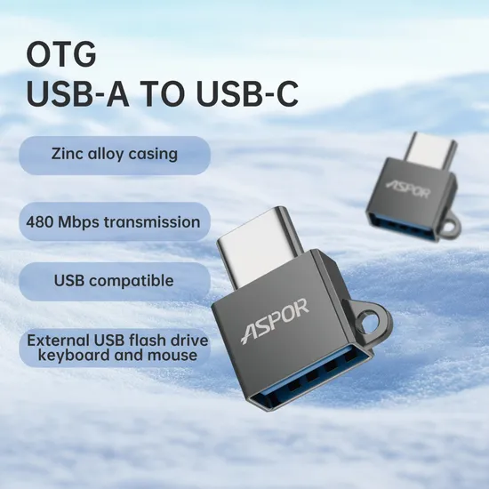 מתאם ASPOR A783 להעברת נתונים 480Mbps מתאם OTG USB-C ל־USB-A ASPOR A783 במהירות 480Mbps