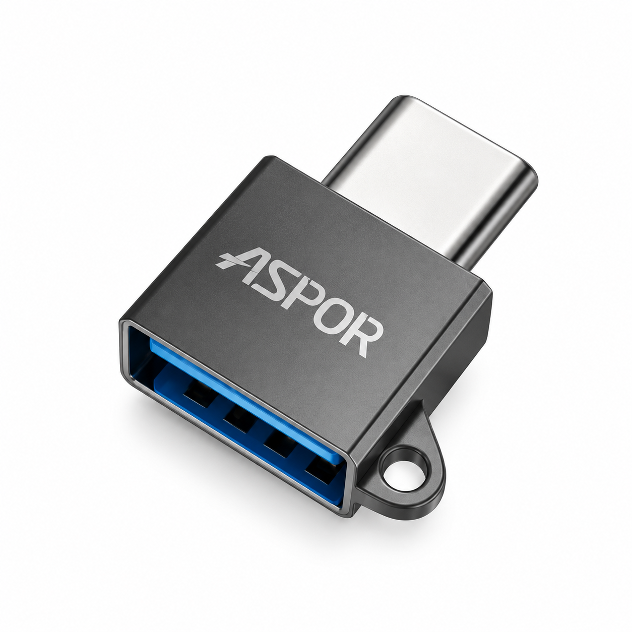 מתאם OTG ASPOR A783 מ־USB-A ל־USB-C להעברת נתונים 480Mbps 1 מתאם OTG ASPOR A783 מ־USB-C ל־USB-A על רקע לבן