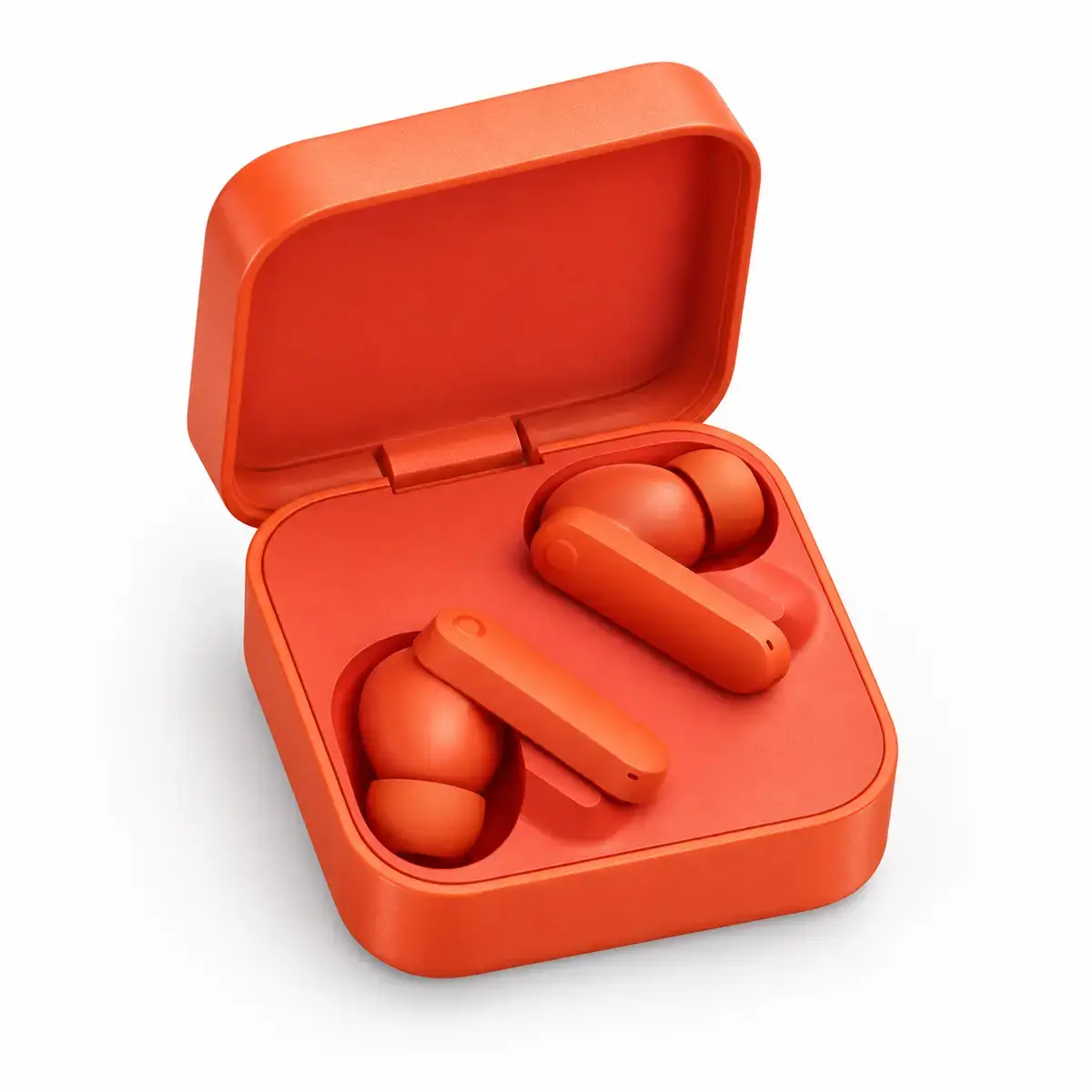 CMF Buds 2a כתום – מארז פתוח אוזניות CMF Buds 2a כתומות בתוך מארז טעינה פתוח