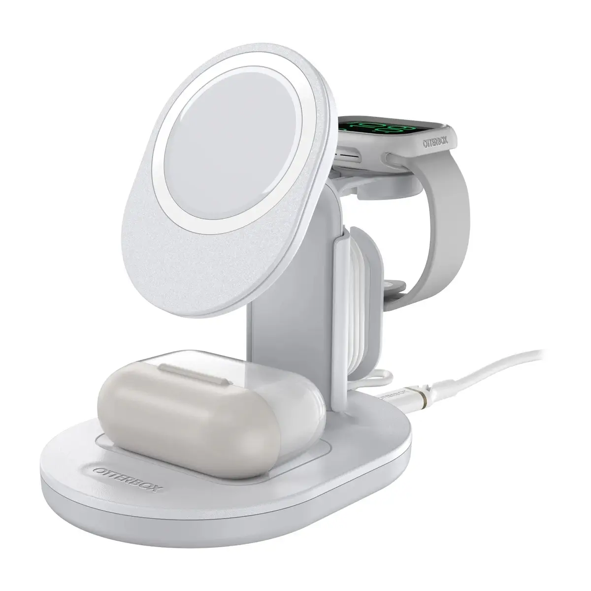מעמד טעינה אלחוטי OtterBox 3 ב-1 תומך MagSafe – סדר חכם לשולחן 1 מעמד טעינה אלחוטי OtterBox 3-in-1 תומך MagSafe בצבע לבן עם שעון ואוזניות להמחשה