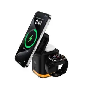 עמדת טעינה אלחוטית 4 ב-1 PureGear Qi2.2 25W בצבע שחור עם טלפון שעון ואוזניות