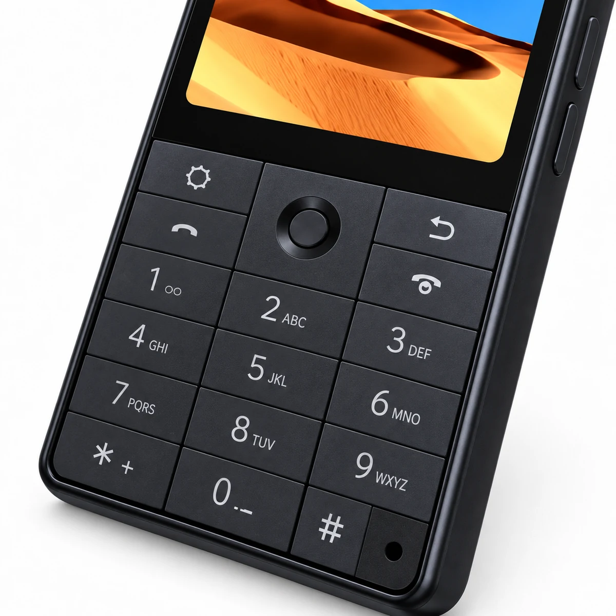 טלפון Qin F25 שחור 128GB – תקריב מסך ומקשים, הדמיה טלפון Qin F25 שחור 128GB – תקריב מסך ומקשים, הדמיה