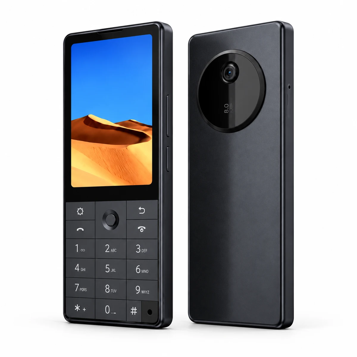 טלפון Qin F25 שחור 128GB – חזית וגב, הדמיה טלפון Qin F25 שחור 128GB – חזית וגב, הדמיה