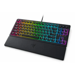 מקלדת גיימינג Razer Ornata V3 Tenkeyless שחורה עם תאורת RGB ומשענת יד, זווית קדמית
