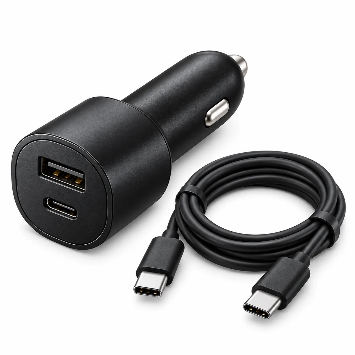 מטען רכב Samsung EP-L5300 עם יציאות USB-C ו־USB-A לצד כבל – תמונת המחשה