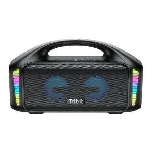 רמקול נייד Tribit StormBox Blast במבט חזיתי עם ידית נשיאה ותאורת LED