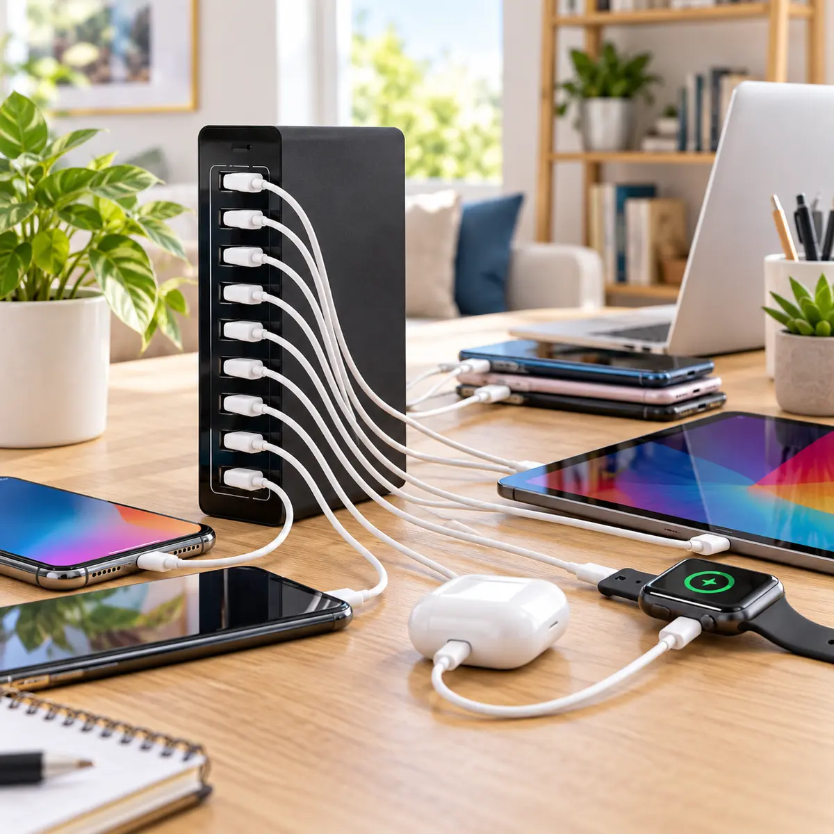 תחנת טעינה עם 10 יציאות USB בסביבה ביתית