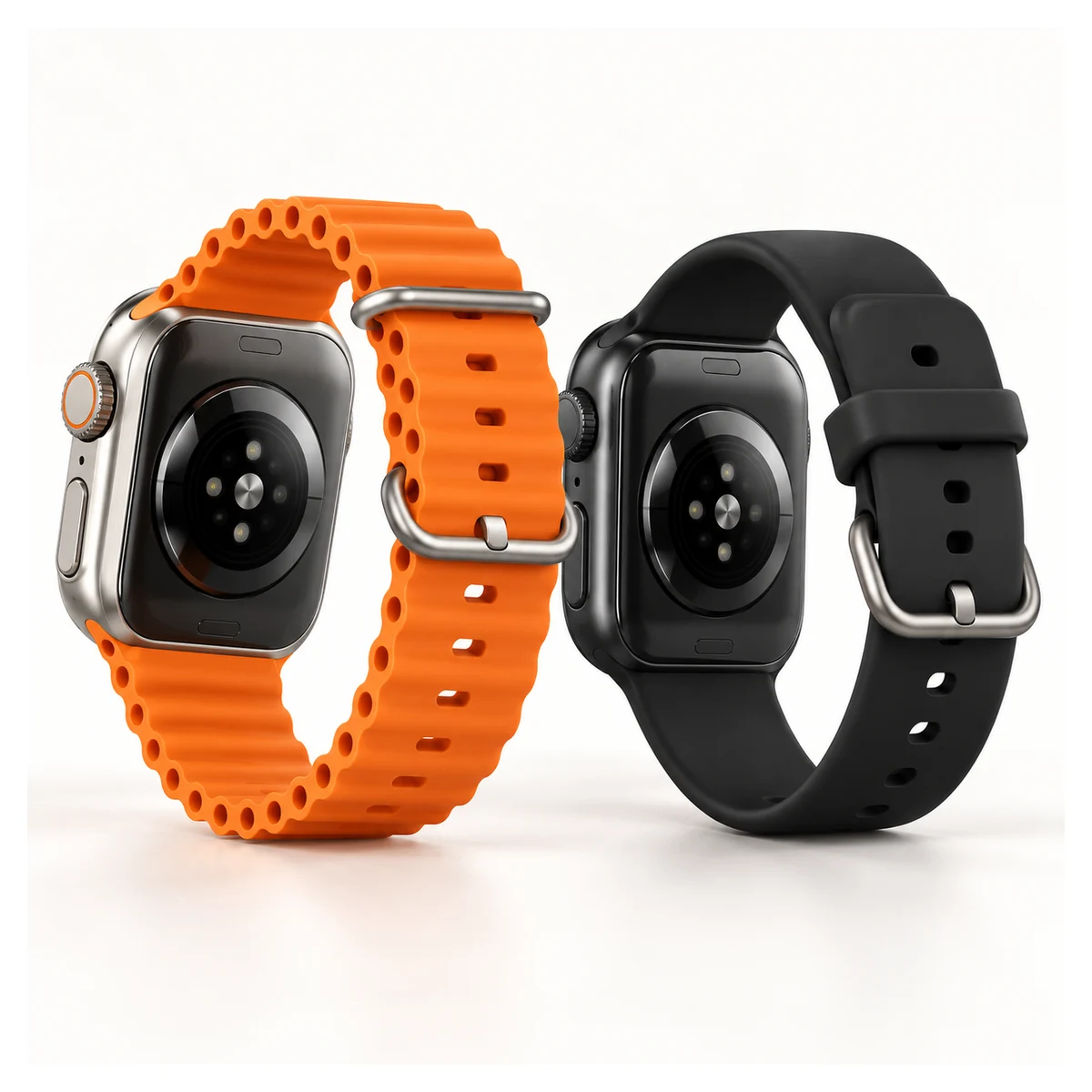 שעון חכם YESIDO עם שיחות Bluetooth ורצועת ספורט – שחור או כתום 2 שעון חכם YESIDO בשחור וכתום – גב השעונים ורצועות הסיליקון (הדמיה להמחשה)