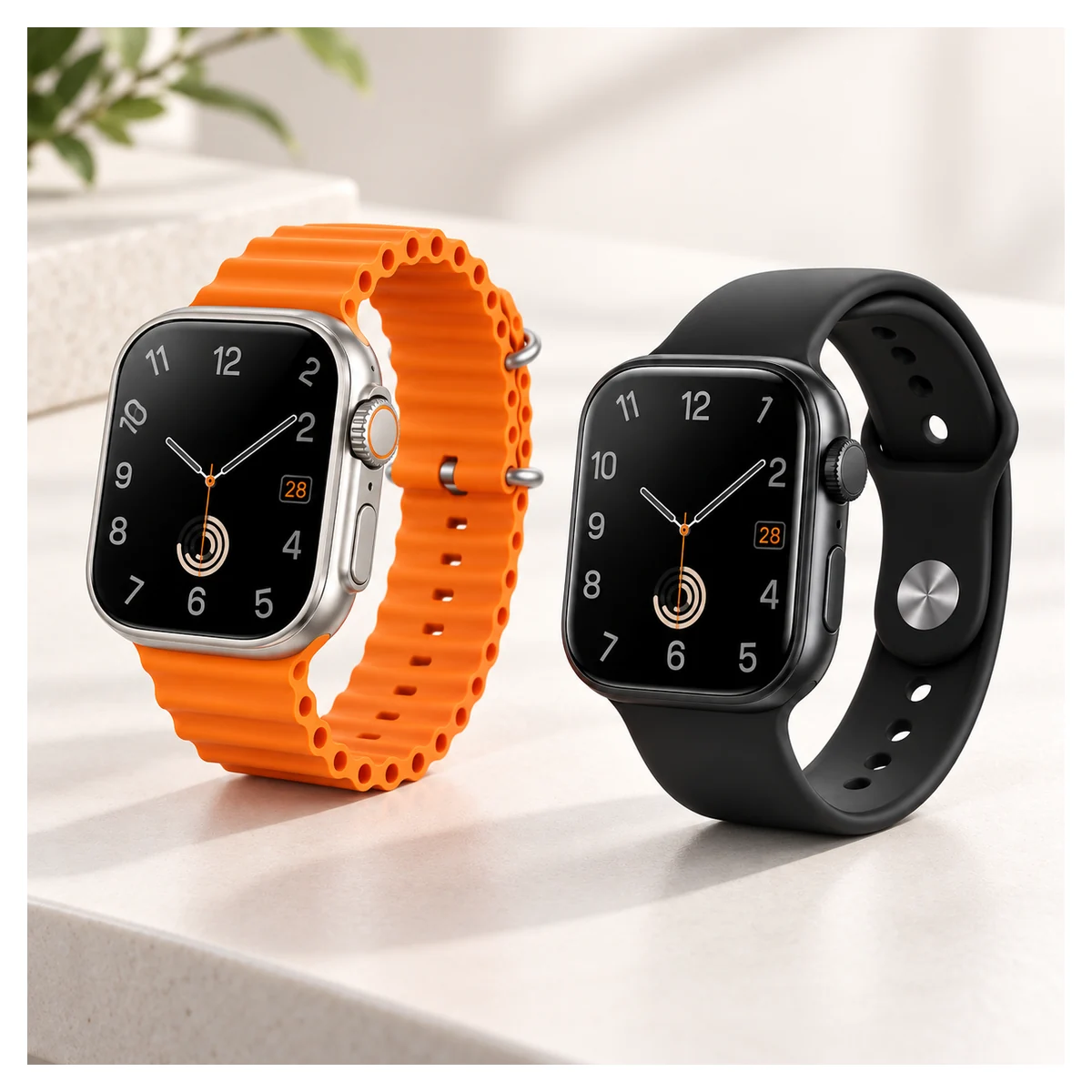 שעון חכם YESIDO עם שיחות Bluetooth ורצועת ספורט – שחור או כתום 3 שעון חכם YESIDO בשחור וכתום – שני השעונים על שולחן (הדמיה להמחשה)