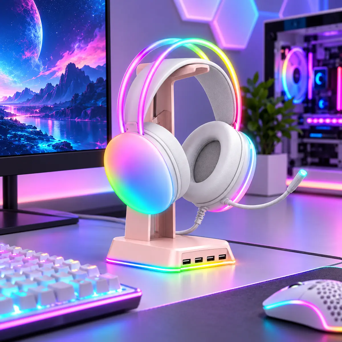 אוזניות X25 RGB לבנות בעמדת גיימינג