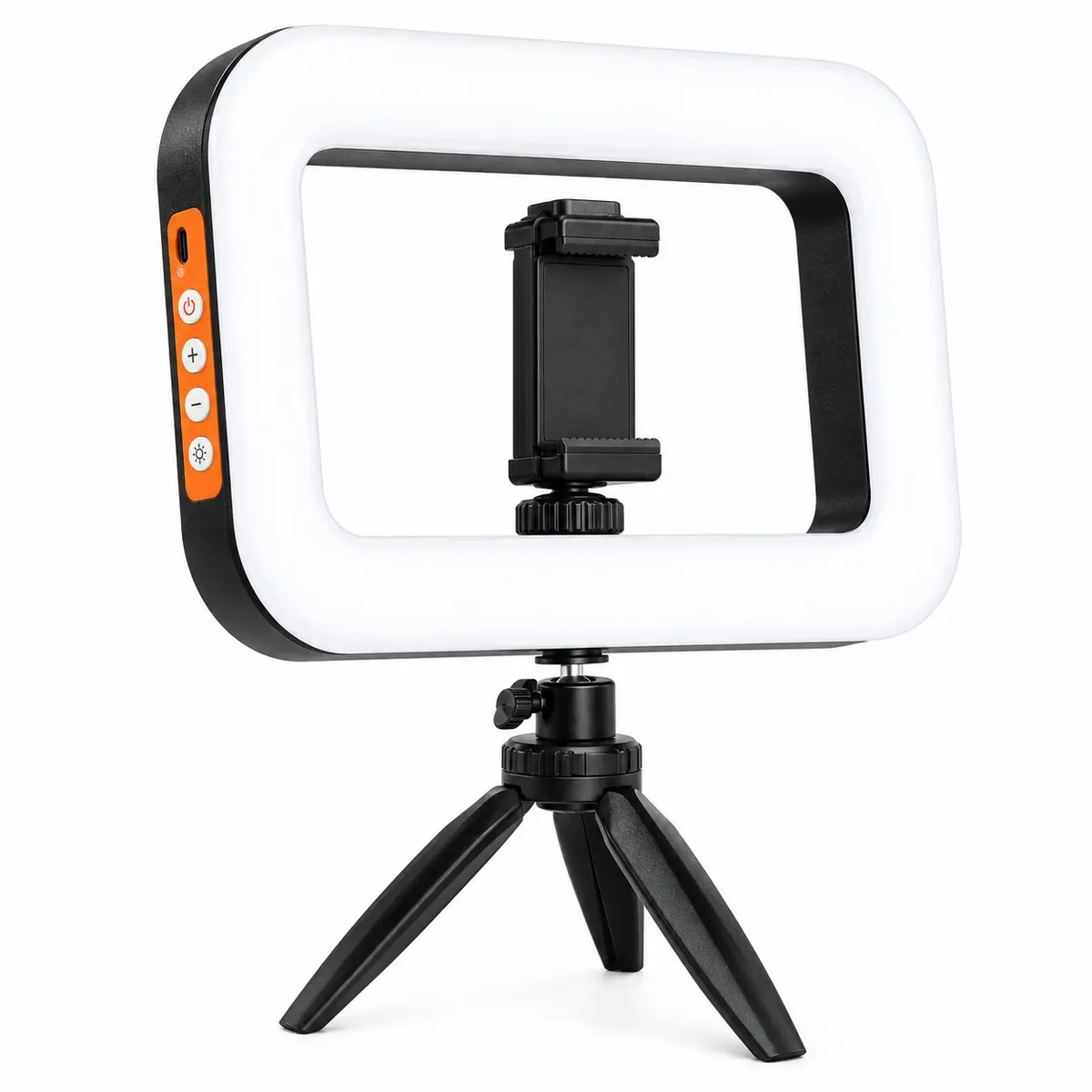 handheld-rectangular-ring-light-angle תאורת רינג מלבנית ידנית בזווית עם חצובה ומחזיק טלפון