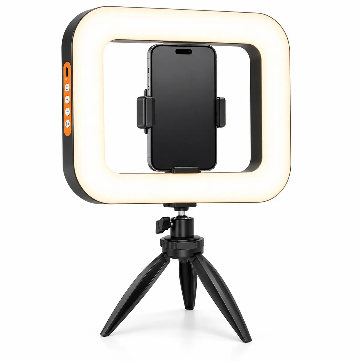handheld-rectangular-ring-light-phone תאורת רינג LED עם חצובה ומחזיק טלפון לצילום תוכן