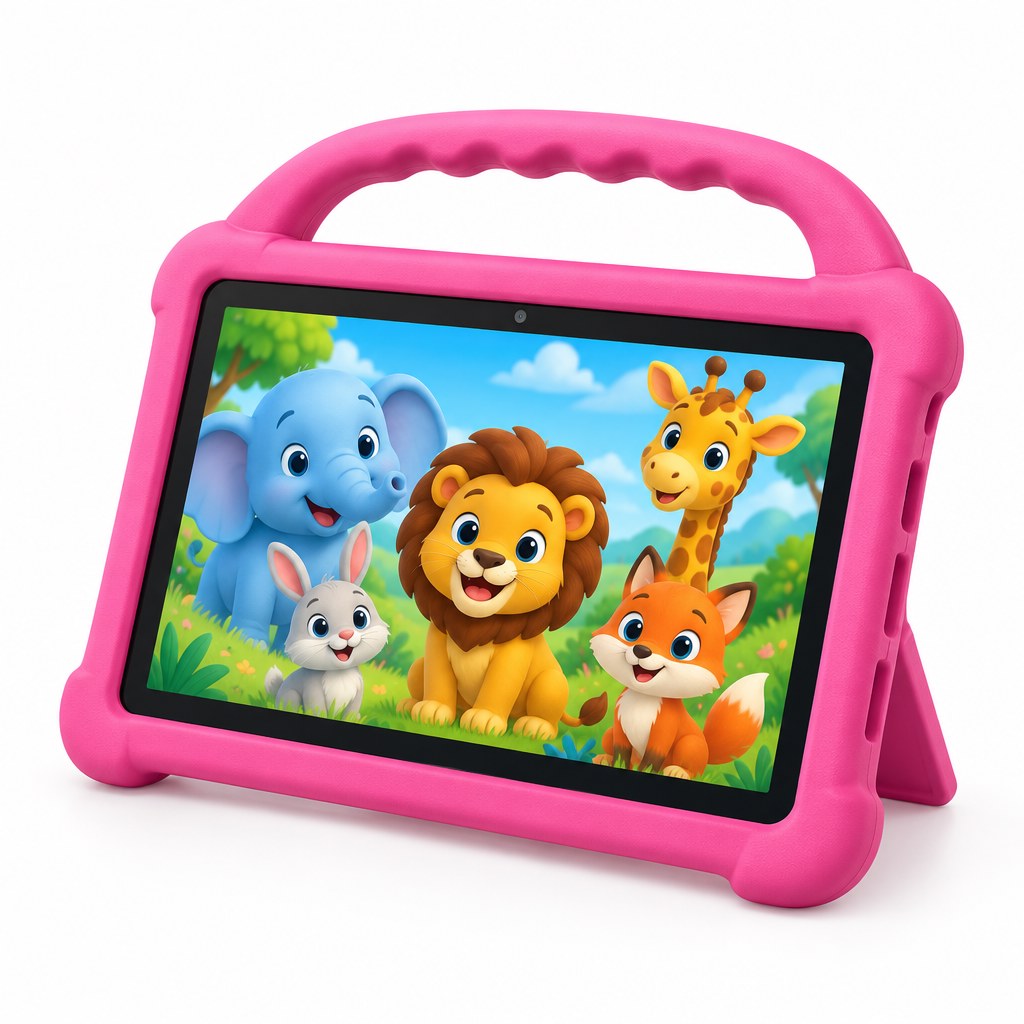 טאבלט לילדים SmartTab Smart Kids A10 10.1 אינץ׳ | 4GB RAM, 64GB, Android 13 + שעון 3 טאבלט Smart Kids A10 לילדים בצבע ורוד עם כיסוי סיליקון וידית נשיאה