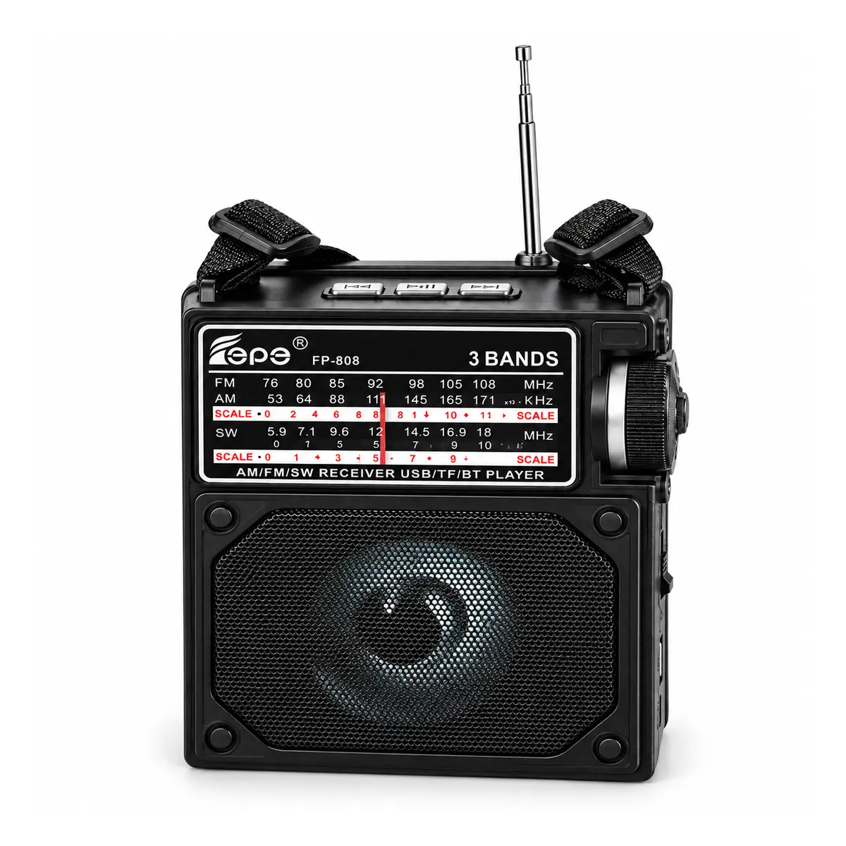 רדיו FPE FP-808 במבט קדמי עם סרגל תחנות ורמקול